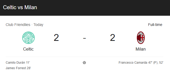 Celtic vs Milan Ends 2-2 as Camarda Double Rescues Rossoneri in Pre-Season Thriller Celtic vs Milan: Match Result